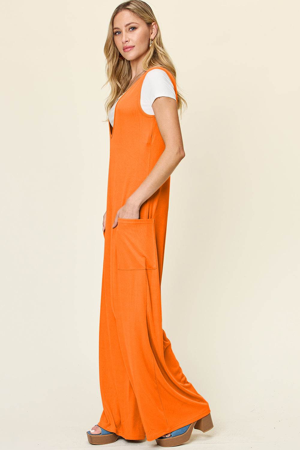 Double Take Full Size Sleeveless Wide Leg Jumpsuit with Pockets - Delanoir