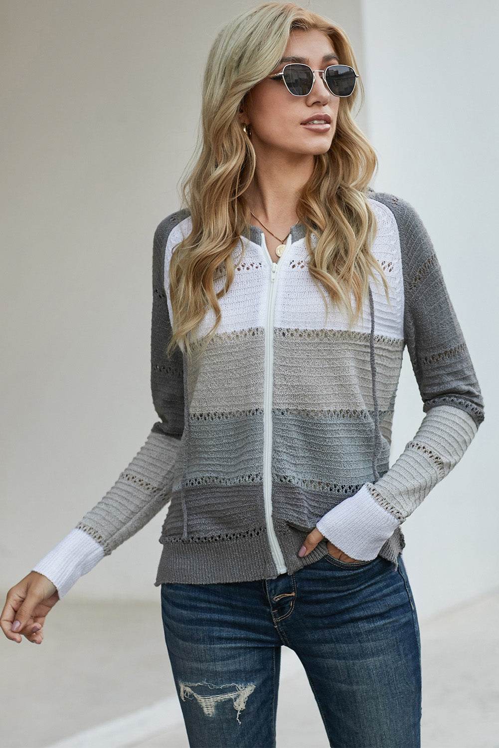 Zip-Up Raglan Sleeve Openwork Hooded Cardigan - Delanoir