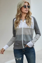 Zip-Up Raglan Sleeve Openwork Hooded Cardigan - Delanoir
