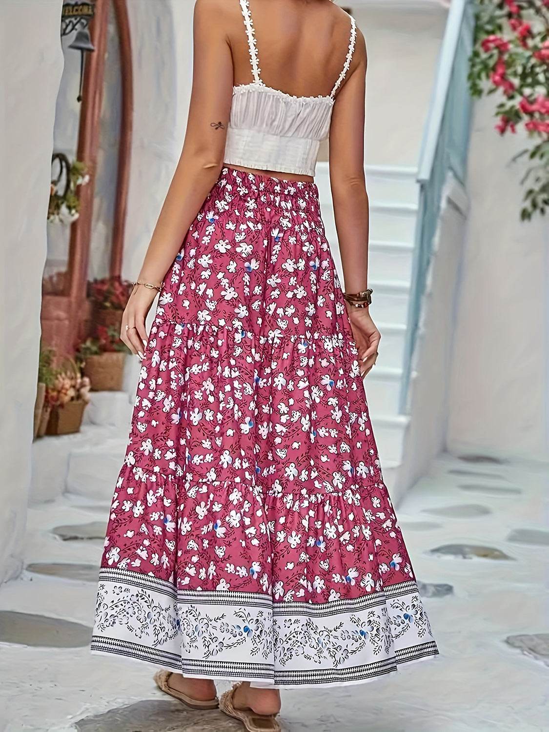 Full Size Tiered Printed Elastic Waist Skirt - Delanoir