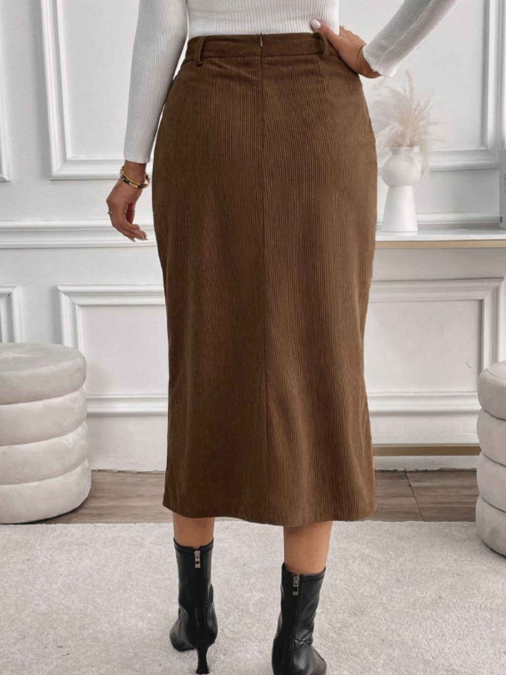 Perfee Slit Midi Skirt with Pockets - Delanoir