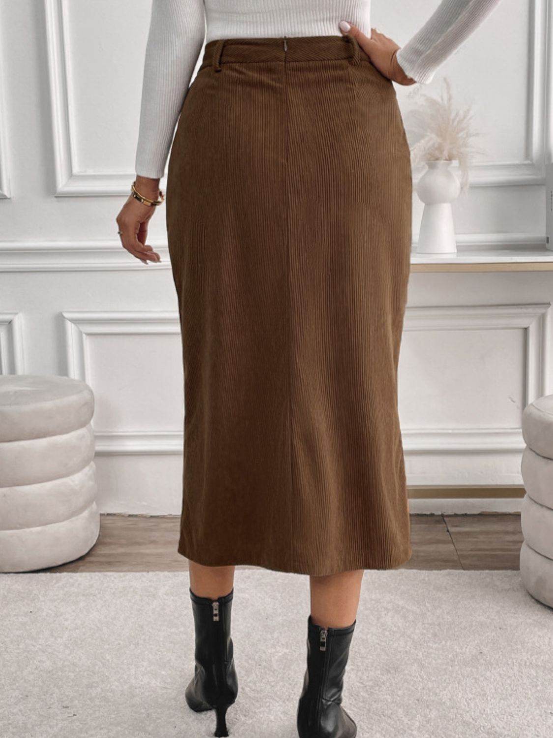 Perfee Slit Midi Skirt with Pockets - Delanoir