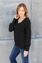 Basic Bae Full Size V-Neck Lantern Sleeve Top - Delanoir