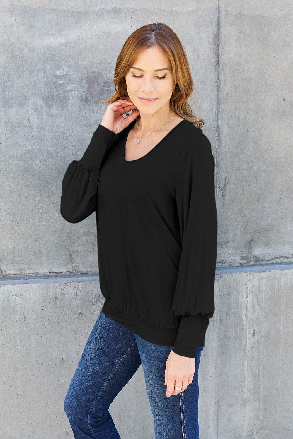 Basic Bae Full Size V-Neck Lantern Sleeve Top - Delanoir