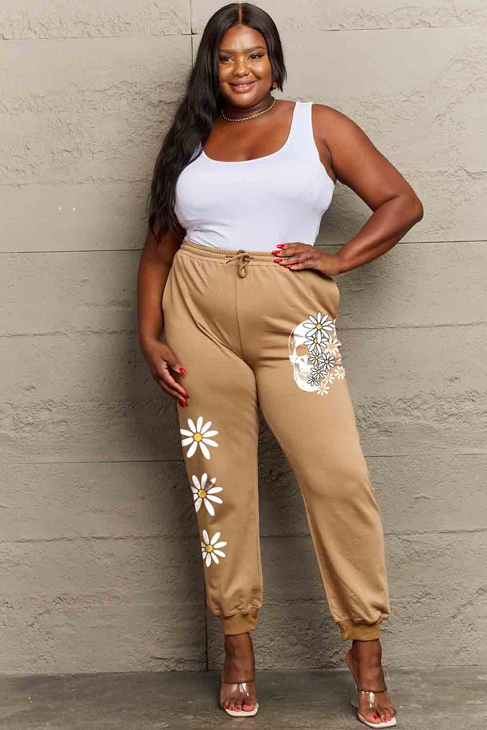 Simply Love Simply Love Full Size Drawstring Flower & Skull Graphic Long Sweatpants - Delanoir