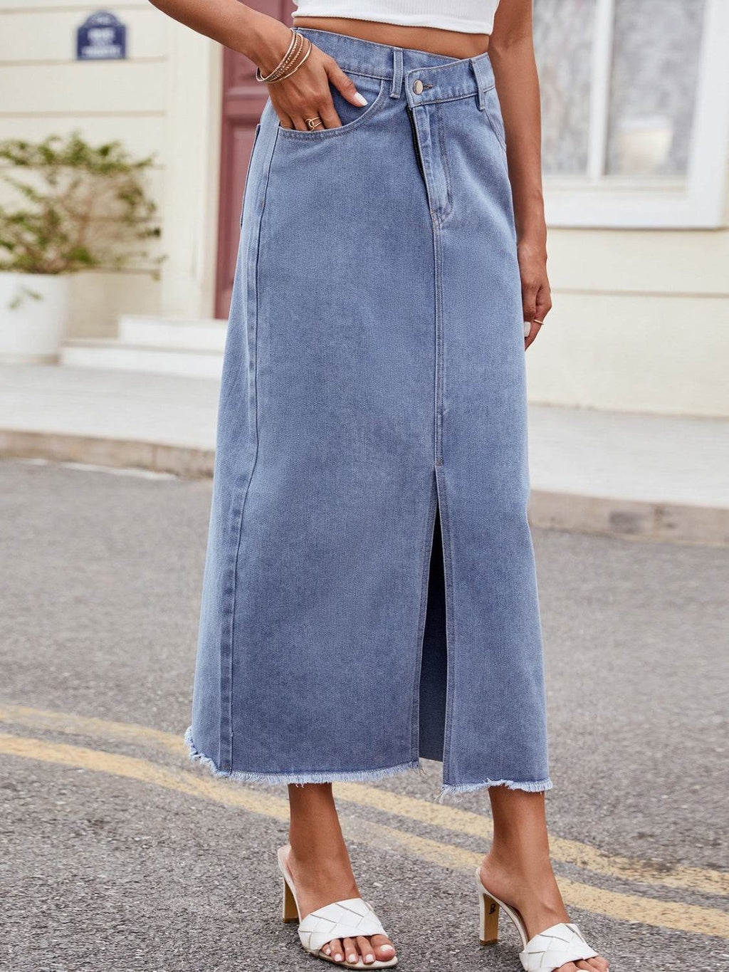 Slit Asymmetrical Waist Denim Skirt - Delanoir
