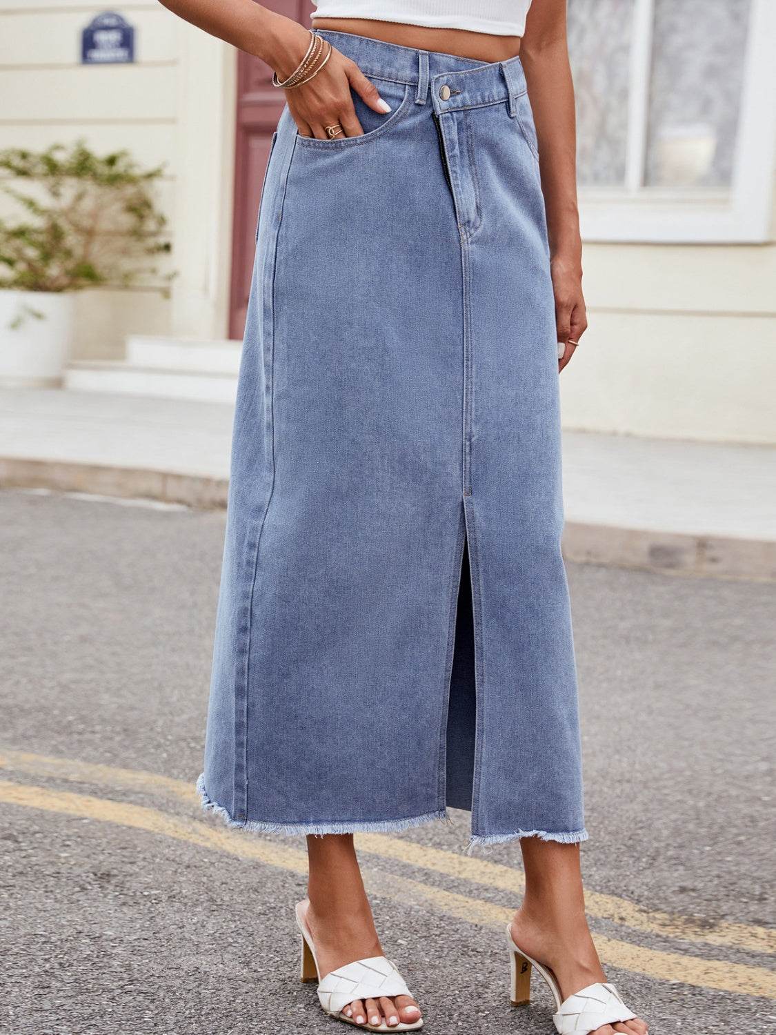 Slit Asymmetrical Waist Denim Skirt - Delanoir