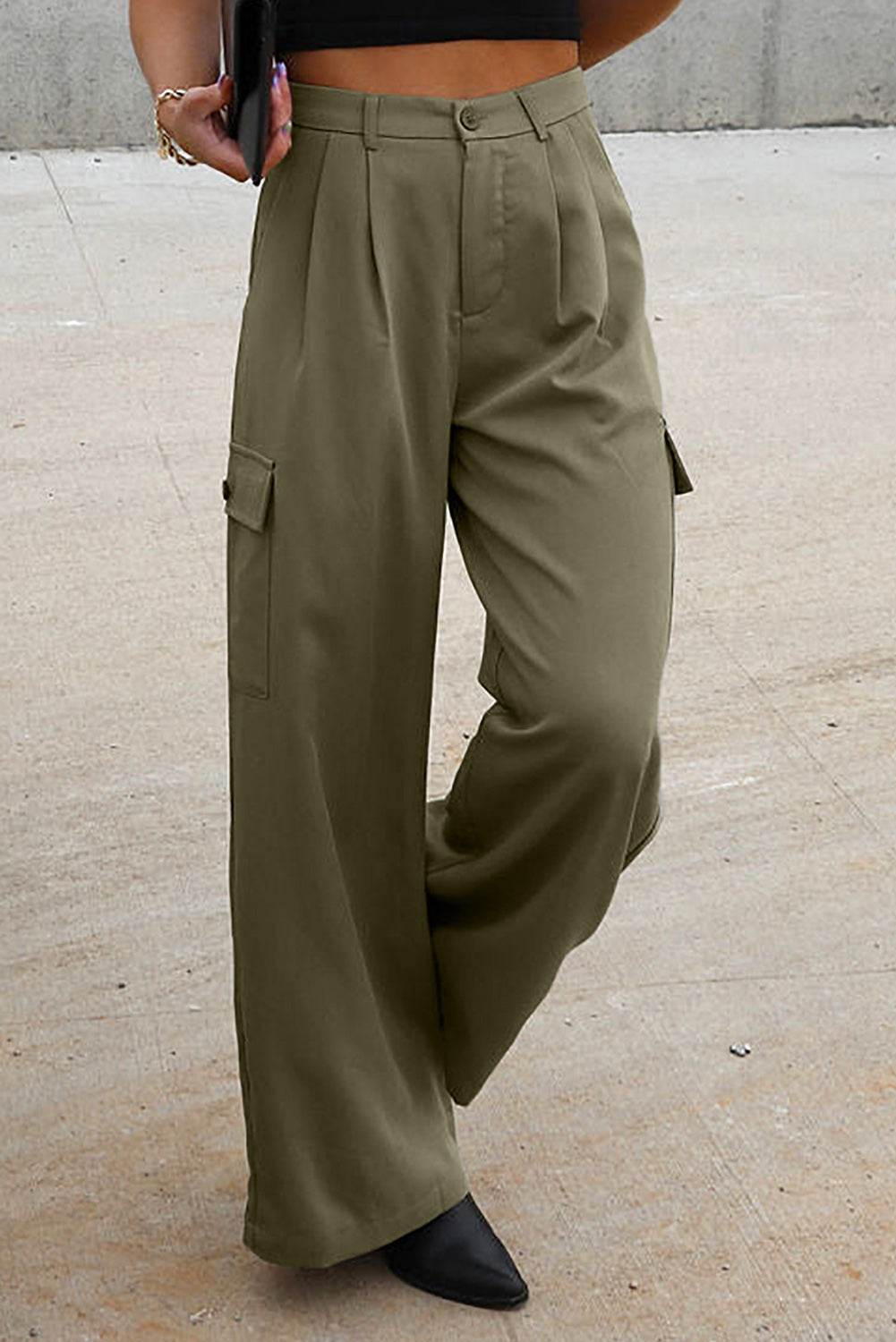 Ruched Wide Leg Pants with Pockets - Delanoir