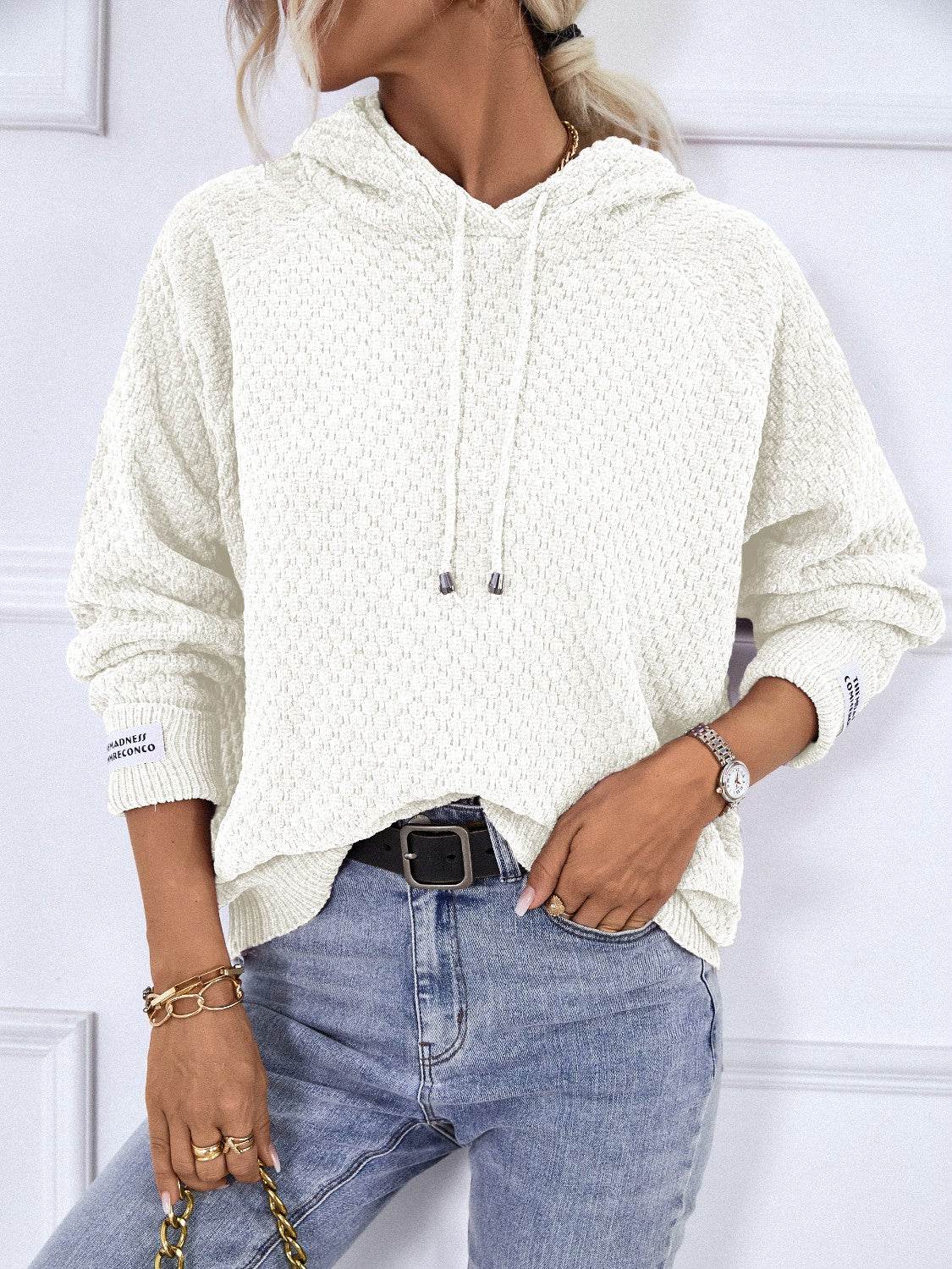 Texture Drawstring Long Sleeve Hooded Sweater - Delanoir