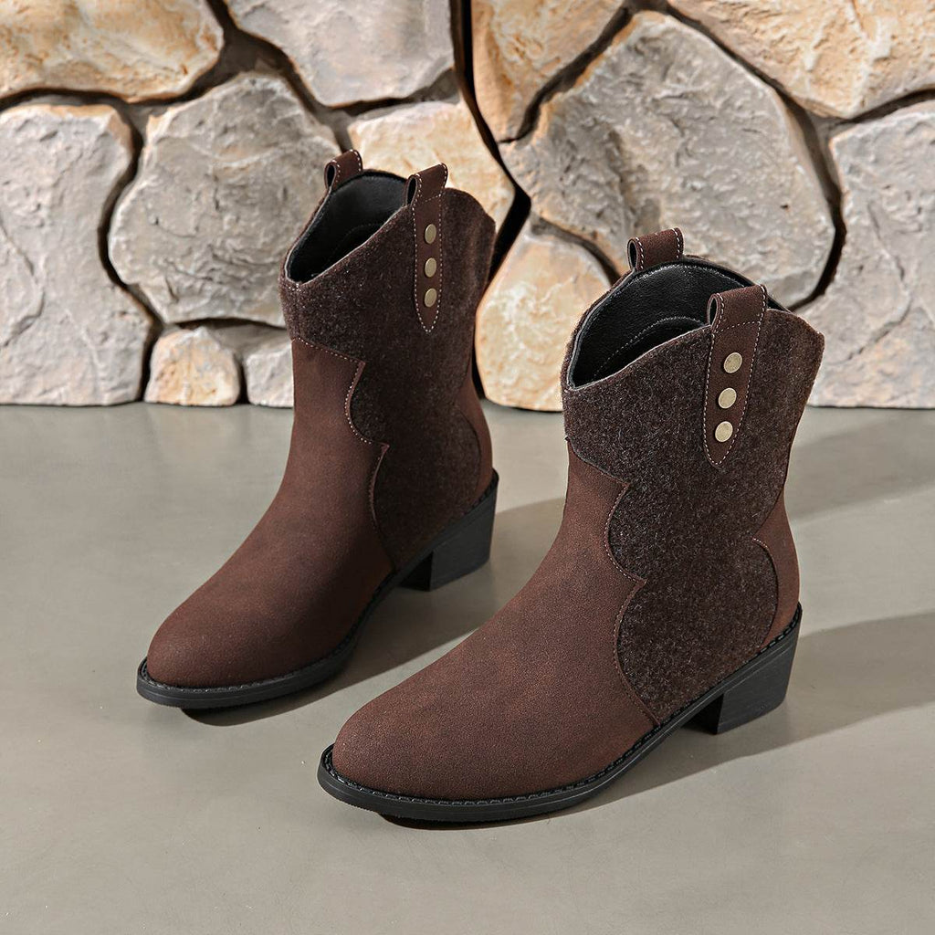 Suede Point Toe Block Heel Boots - Delanoir