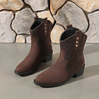 Suede Point Toe Block Heel Boots - Delanoir
