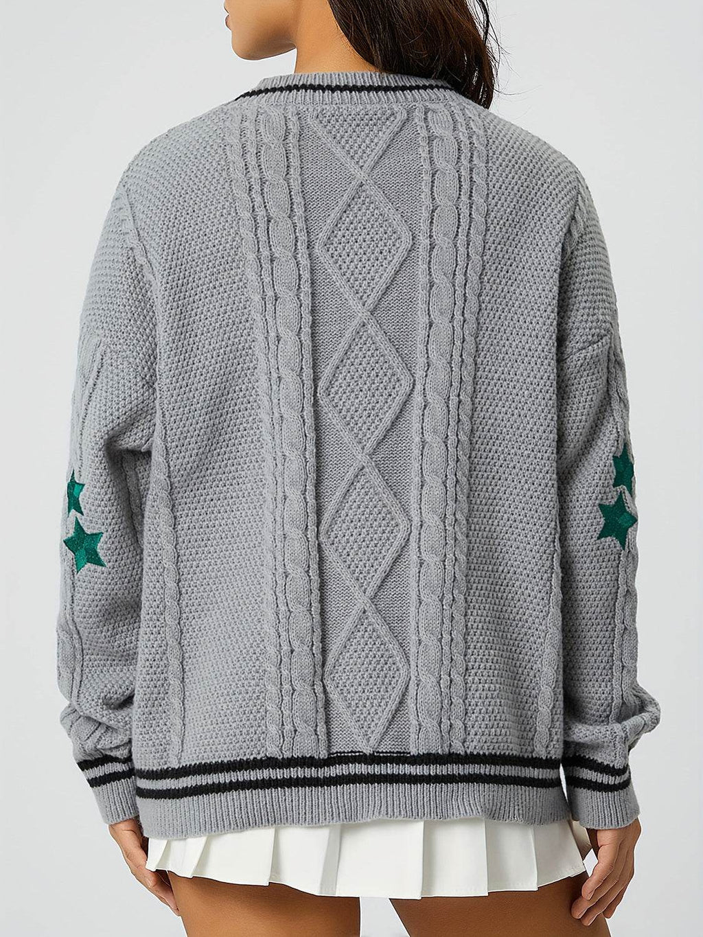 Star Embroidered V-Neck Long Sleeve Cardigan - Delanoir