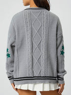 Star Embroidered V-Neck Long Sleeve Cardigan - Delanoir