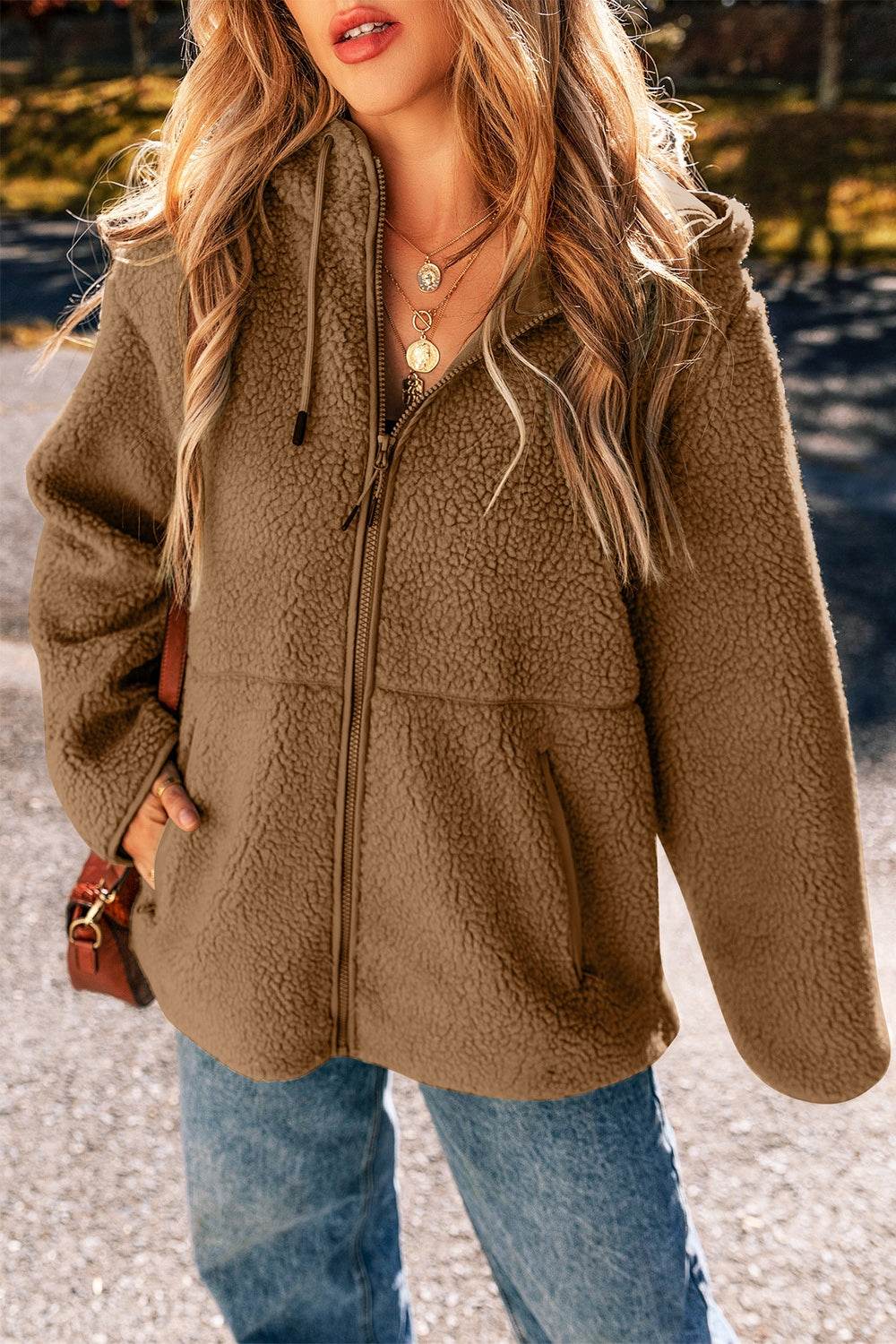 Drawstring Fleece Zip Up Hooded Jacket - Delanoir