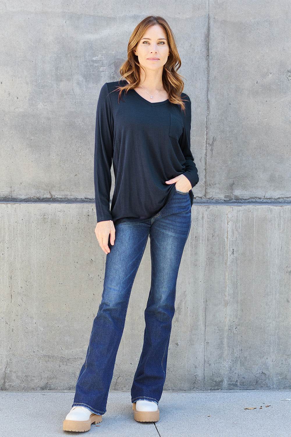Basic Bae Full Size V-Neck Long Sleeve Top - Delanoir