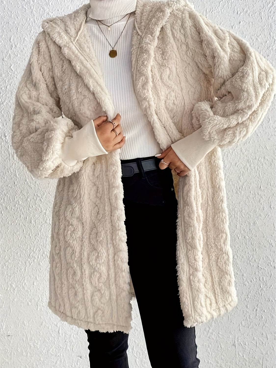 Open Front Long Sleeve Fuzzy Hooded Jacket - Delanoir