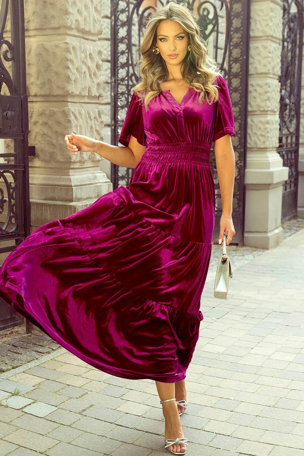 Tiered Notched Short Sleeve Dress with Pockets - Delanoir
