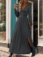 Perfee Lace Detail Slit V-Neck Long Sleeve Dress - Delanoir