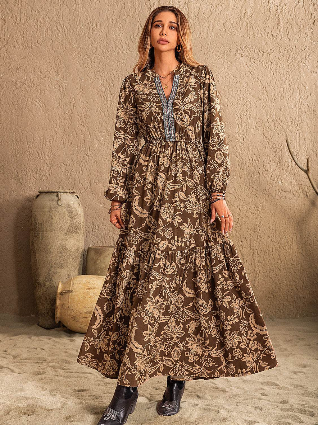 Ruched Printed Notched Long Sleeve Maxi Dress - Delanoir