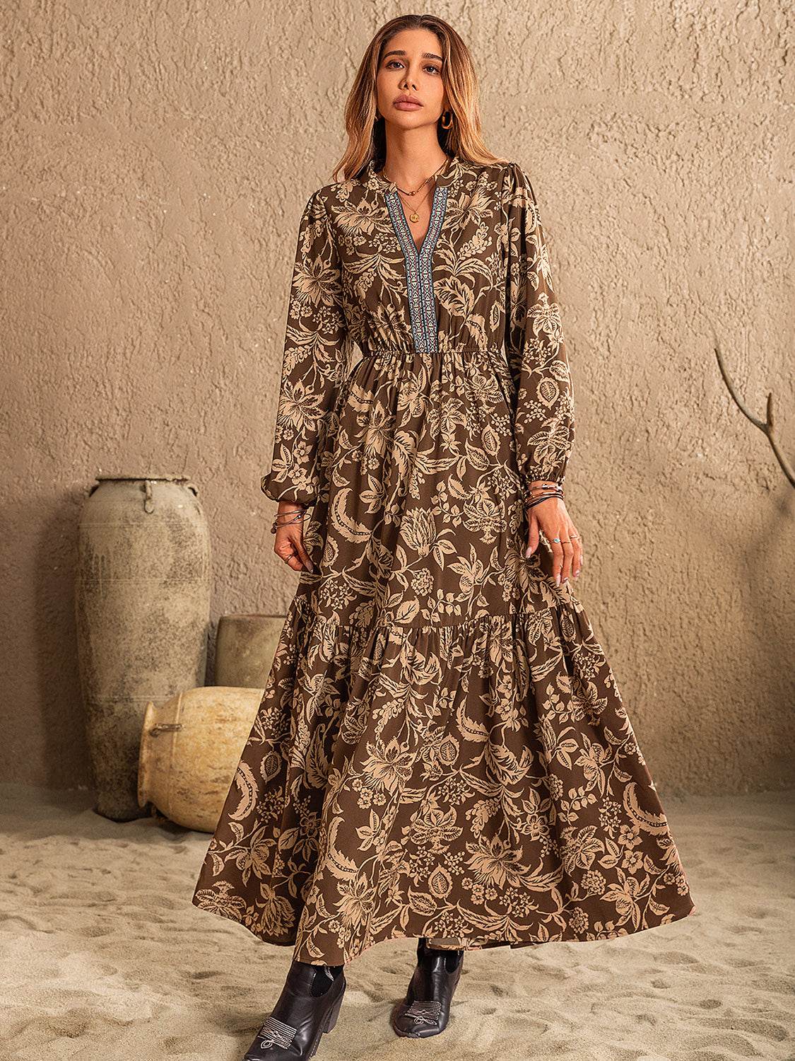 Ruched Printed Notched Long Sleeve Maxi Dress - Delanoir
