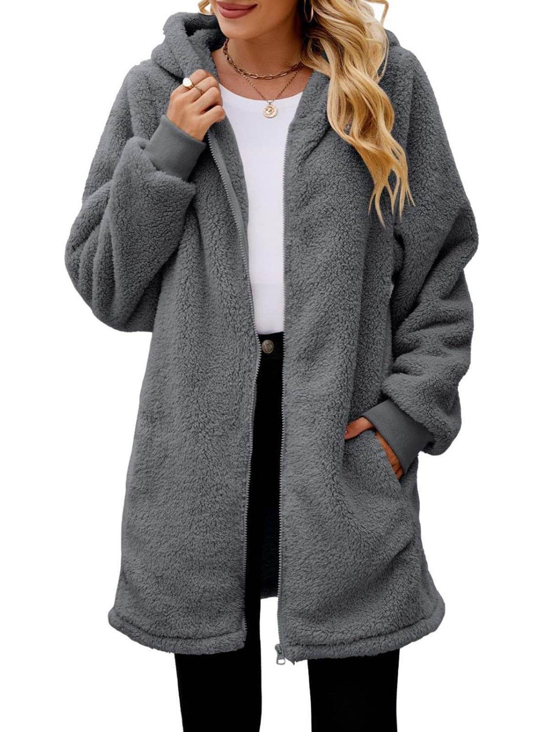 Fuzzy Pocketed Zip Up Long Sleeve Hooded Jacket - Delanoir