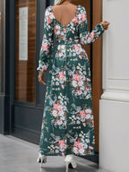 Perfee Slit Printed Surplice Long Sleeve Maxi Dress - Delanoir