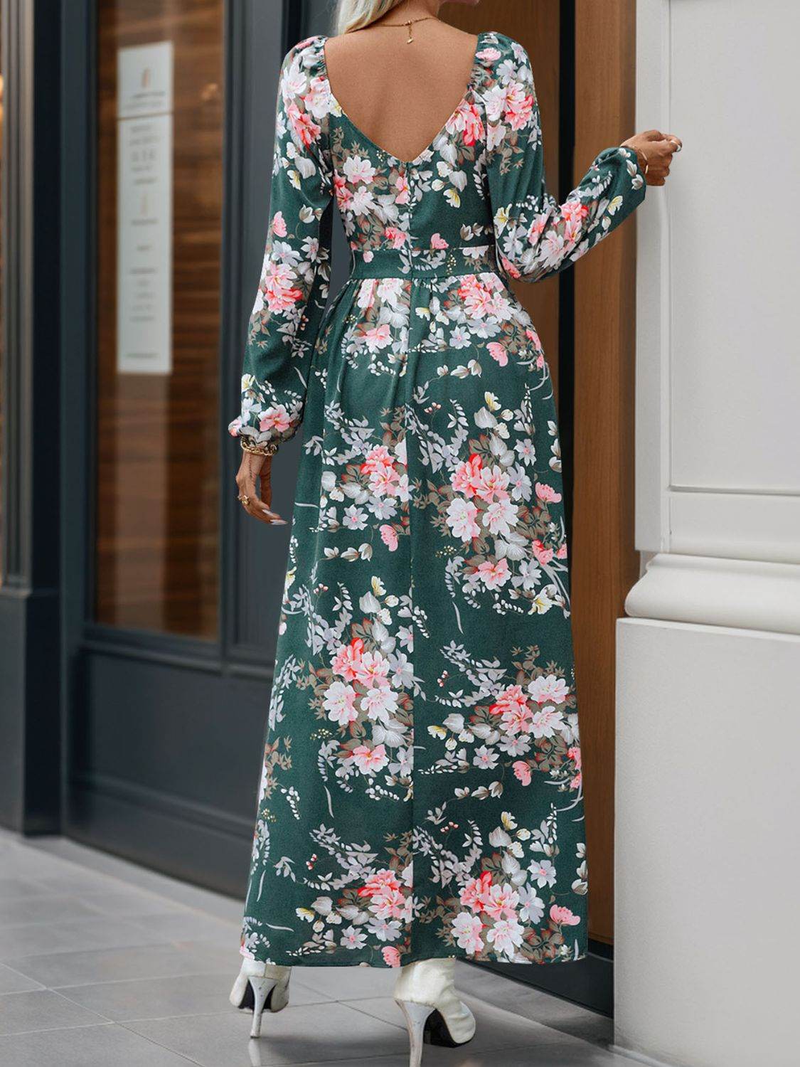 Perfee Slit Printed Surplice Long Sleeve Maxi Dress - Delanoir