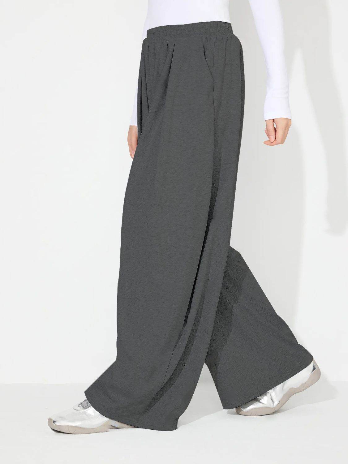Elastic Waist Wide Leg Pants with Pockets - Delanoir