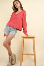 VERY J Exposed Seam V-Neck Ribbed Knit Top - Delanoir