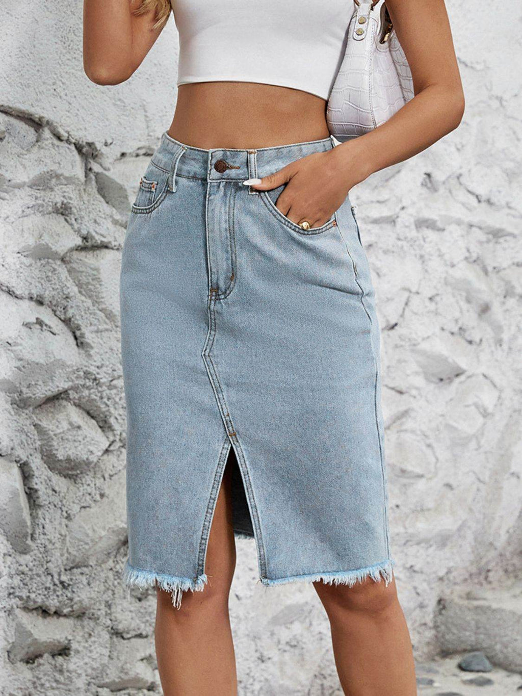 Raw Hem Slit Denim Skirt - Delanoir
