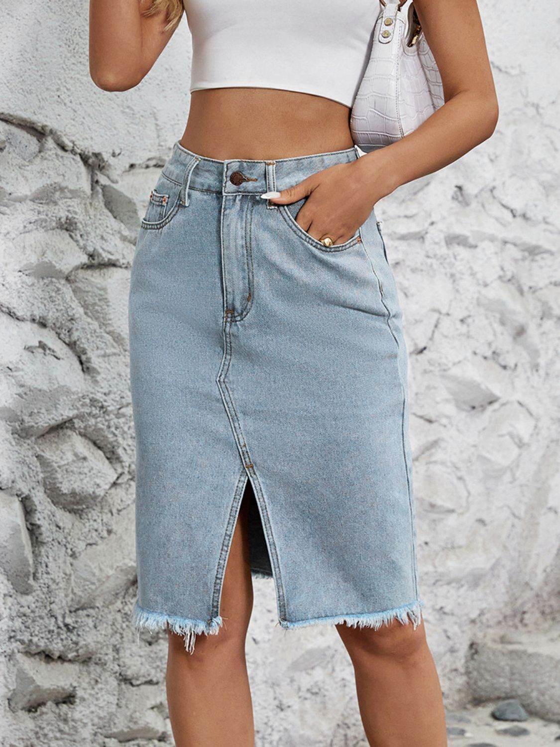 Raw Hem Slit Denim Skirt - Delanoir