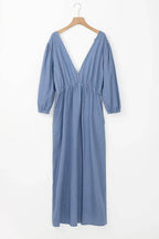 Tied Plunge Three-Quarter Sleeve Denim Dress - Delanoir