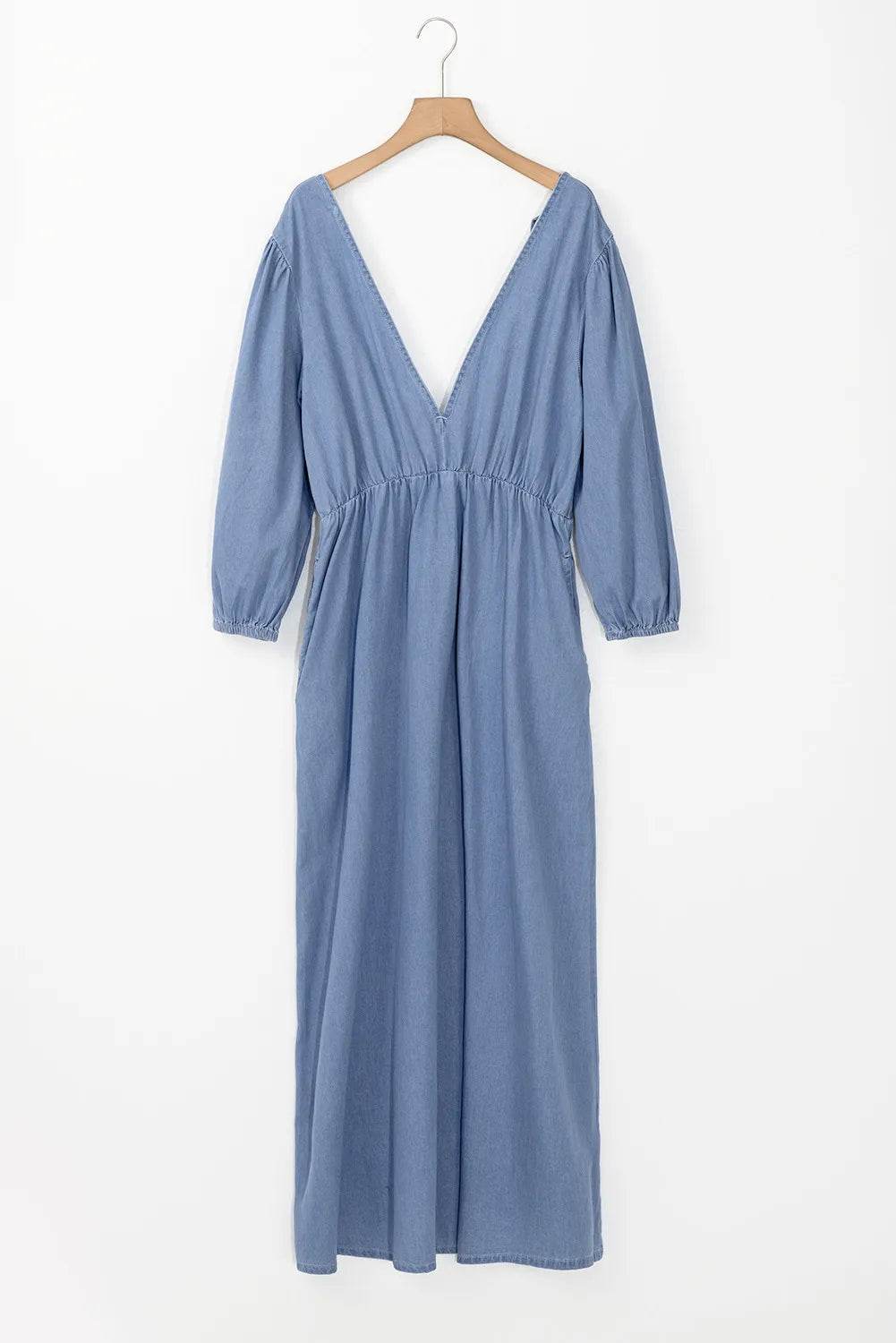 Tied Plunge Three-Quarter Sleeve Denim Dress - Delanoir