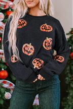 Sequin Patch Pumpkin Round Neck Sweatshirt - Delanoir