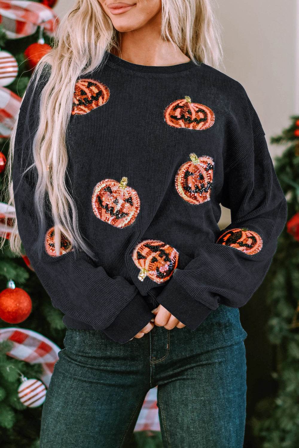 Sequin Patch Pumpkin Round Neck Sweatshirt - Delanoir