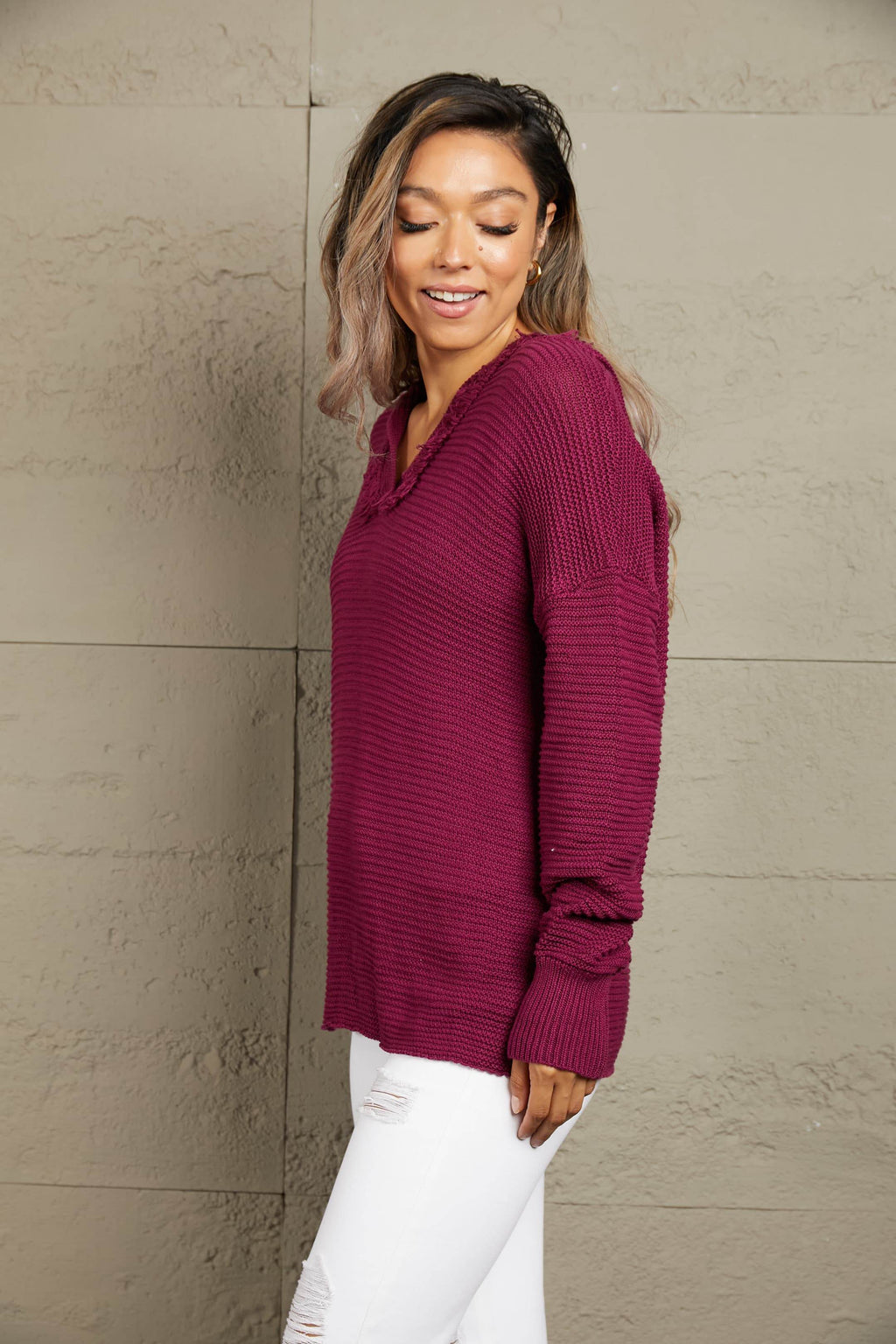 Woven Right Horizontal Ribbing Fringe Trim Hooded Sweater - Delanoir