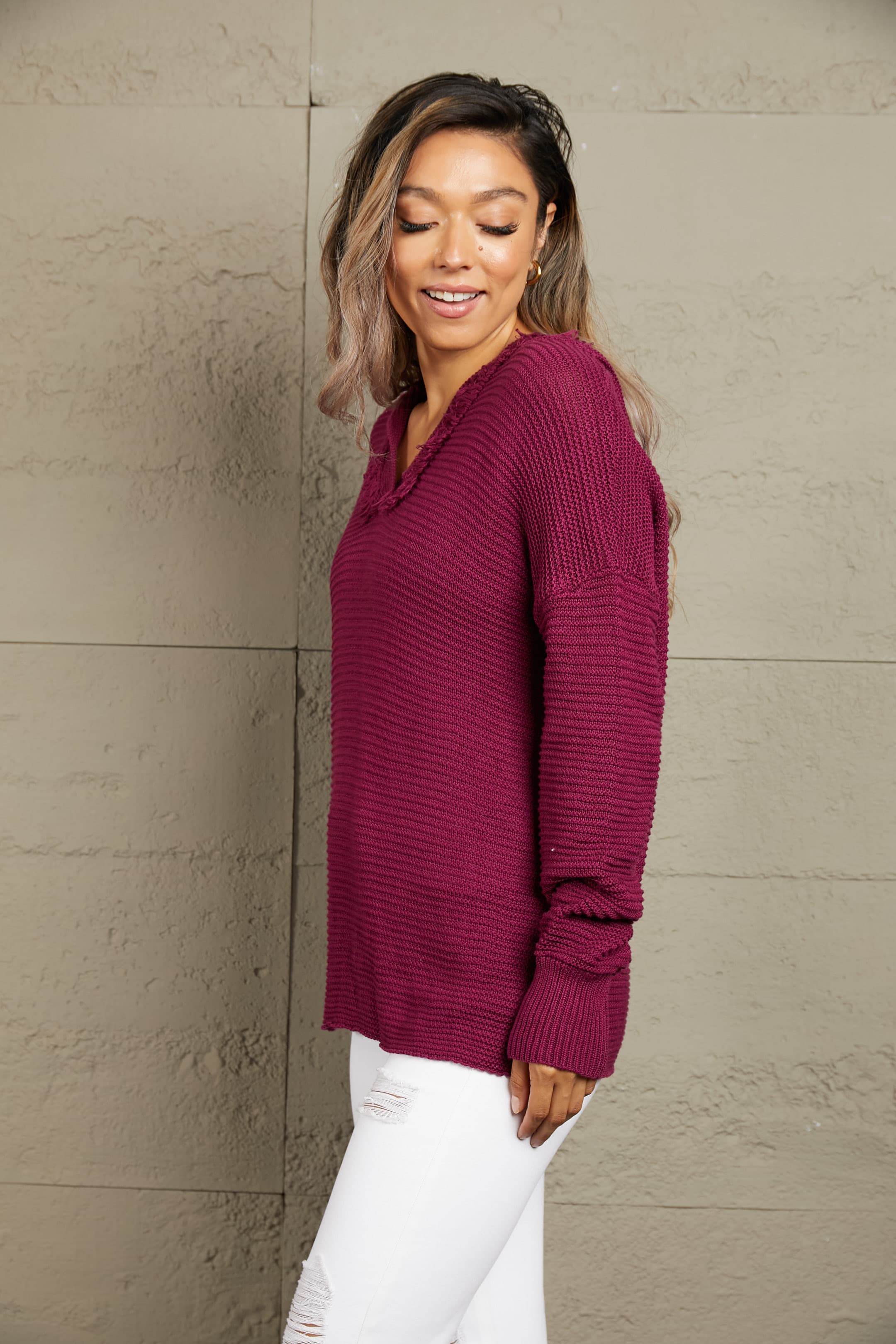 Woven Right Horizontal Ribbing Fringe Trim Hooded Sweater - Delanoir