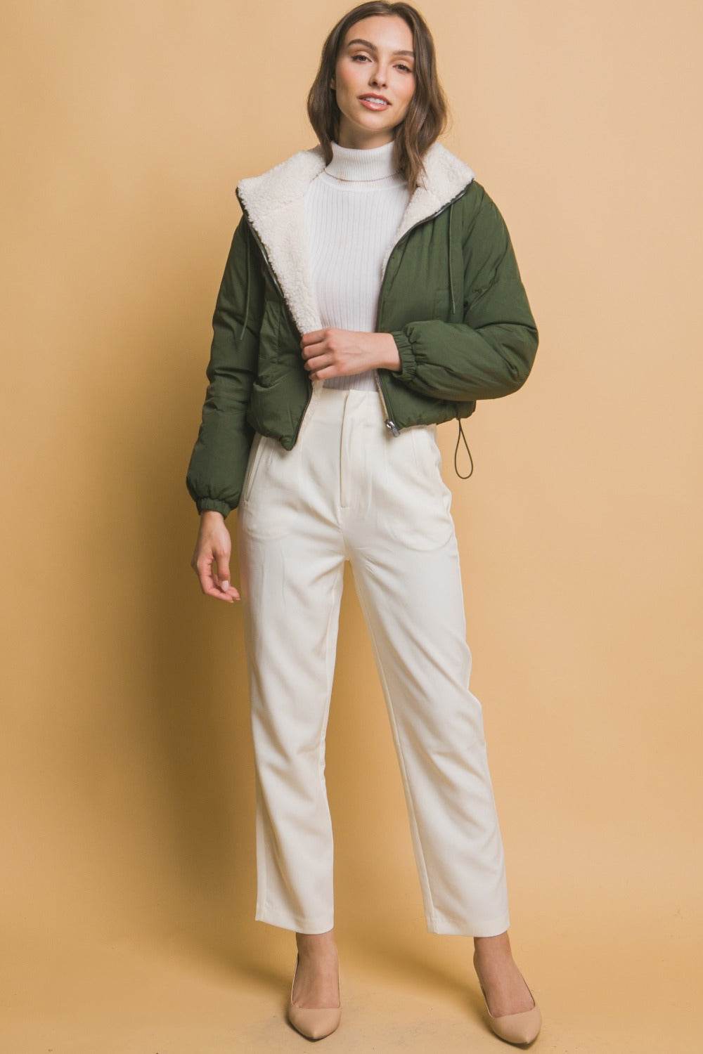 Love Tree Zip Up Cropped Hooded Sherpa Reversible Jacket - Delanoir