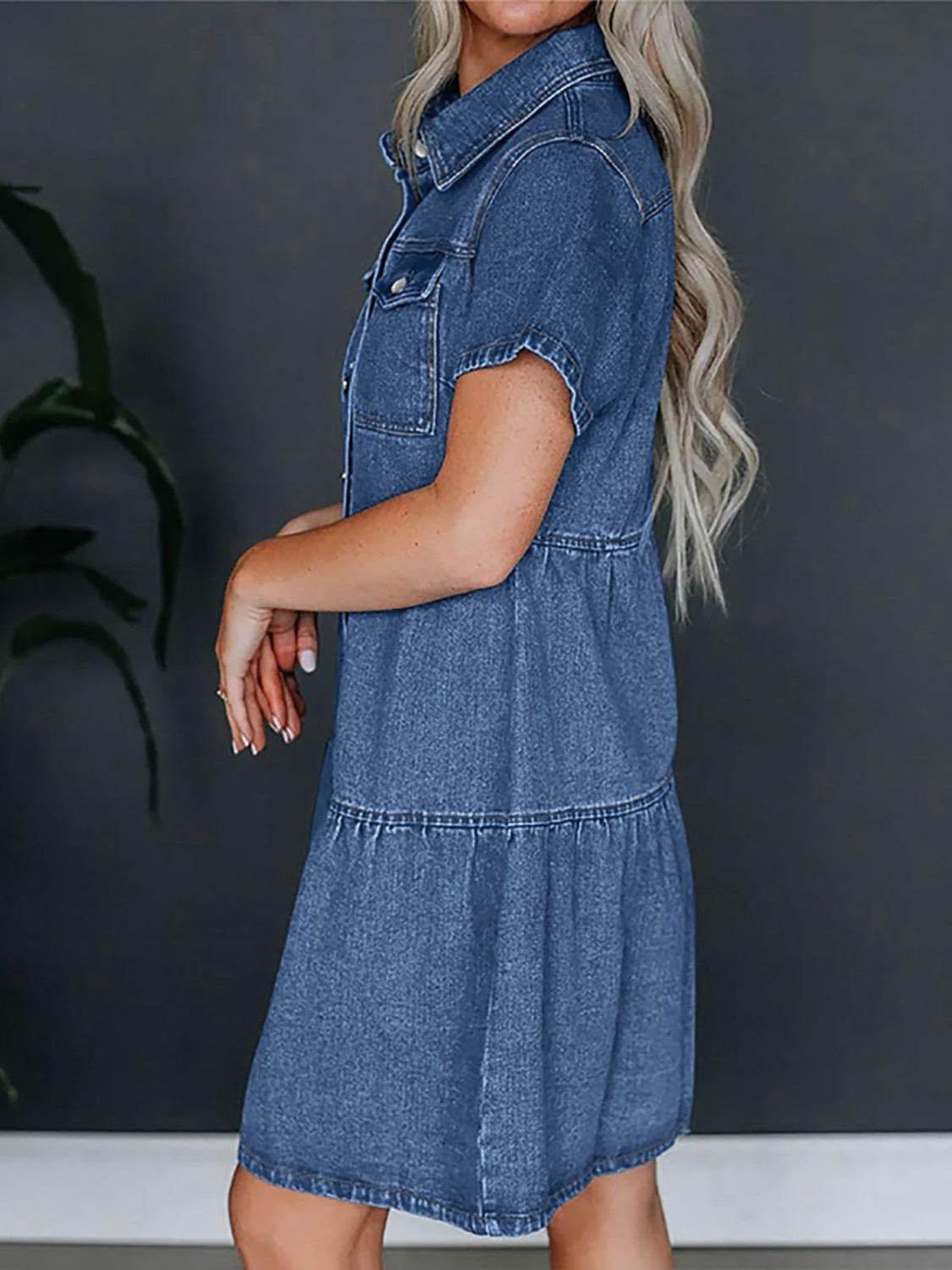 Pocketed Button Up Collared Neck Short Sleeve Denim Dress - Delanoir