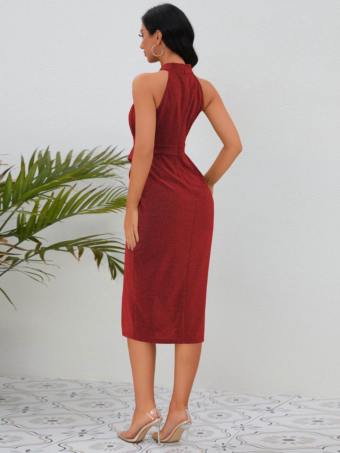 Slit Ruched Mock Neck Sleeveless Dress - Delanoir