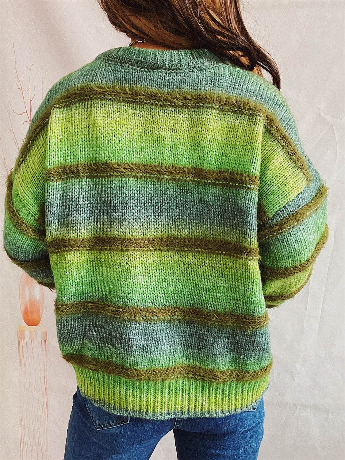 Striped Round Neck Long Sleeve Sweater - Delanoir