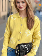Pearl Trim Collared Neck Long Sleeve Cardigan - Delanoir