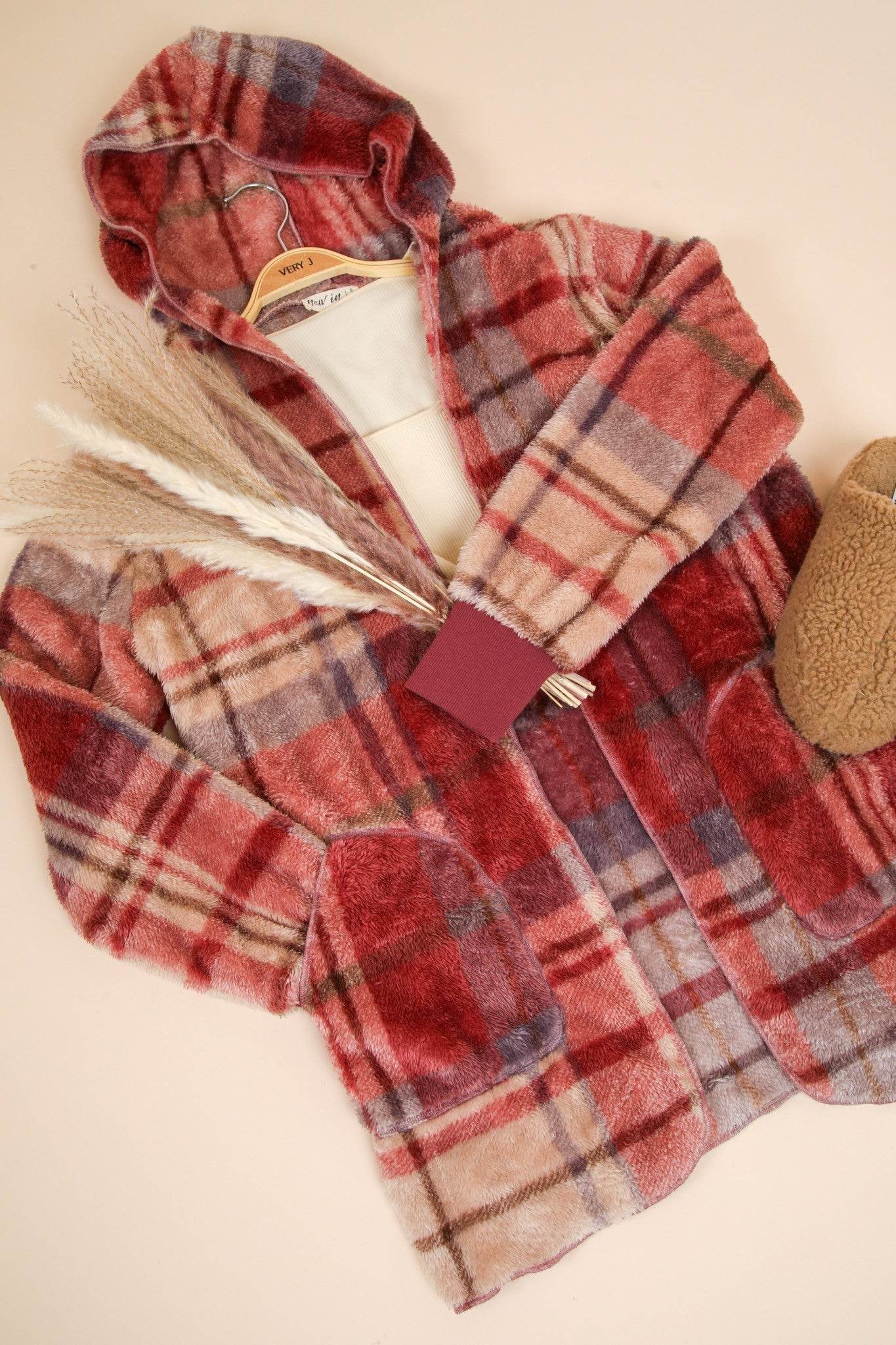 VERY J Fuzzy Plaid Long Sleeve Hooded Jacket - Delanoir