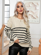 Striped Round Neck Cable-Knit Sweater - Delanoir