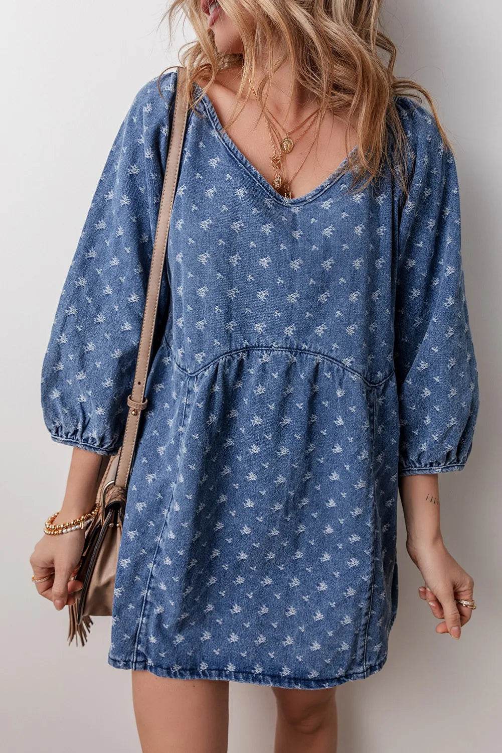 Tied V-Neck Mini Denim Dress - Delanoir