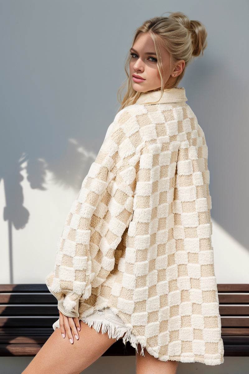 Double Take Button Up Fuzzy Checkered Shacket - Delanoir