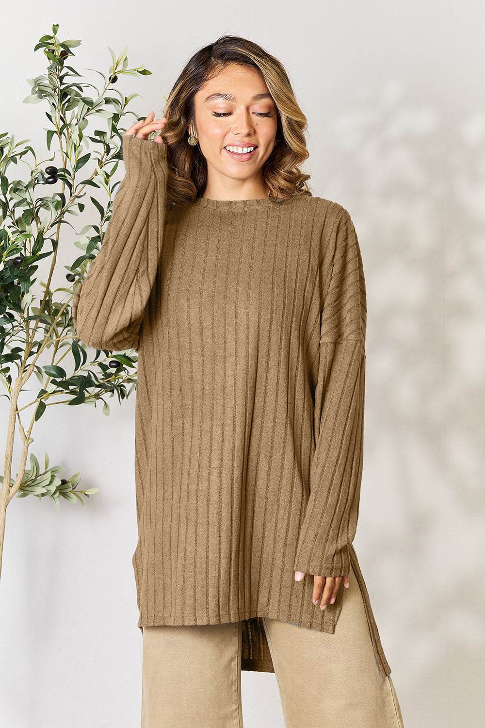 Basic Bae Full Size Ribbed Round Neck Long Sleeve Slit Top - Delanoir