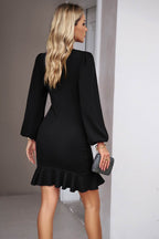 Devine Ruched Ruffled Balloon Sleeve Mini Dress - Delanoir