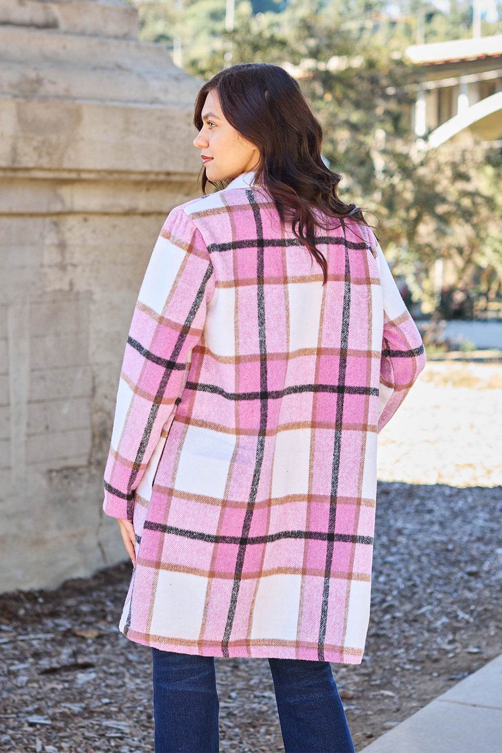 Double Take Full Size Plaid Button Up Lapel Collar Coat - Delanoir