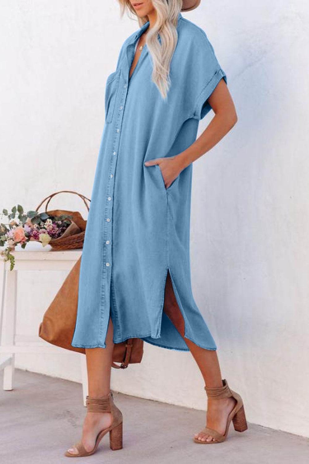 Slit Button Up Short Sleeve Imitation Denim Dress - Delanoir